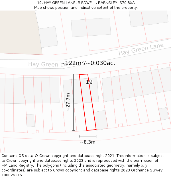 19, HAY GREEN LANE, BIRDWELL, BARNSLEY, S70 5XA: Plot and title map