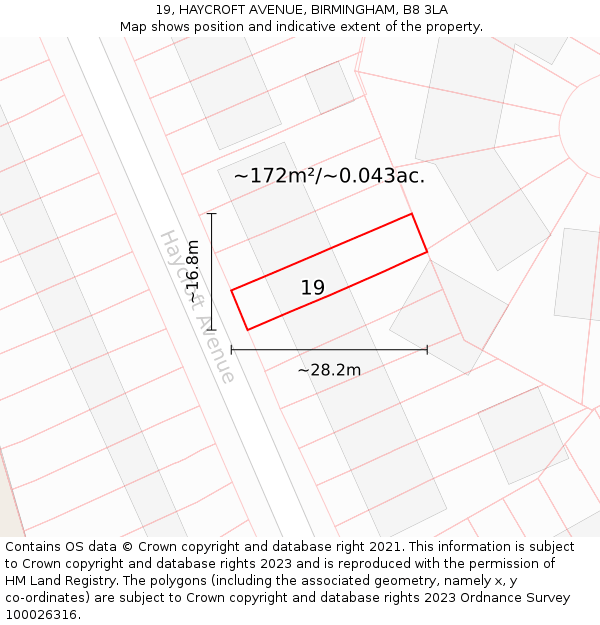 19, HAYCROFT AVENUE, BIRMINGHAM, B8 3LA: Plot and title map