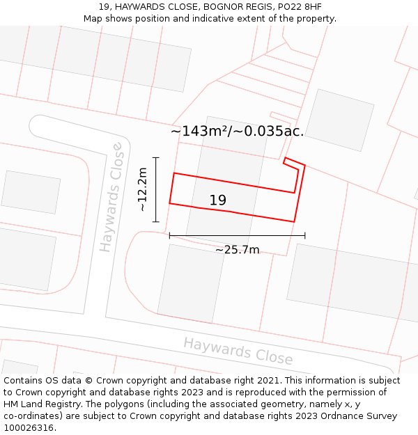 19, HAYWARDS CLOSE, BOGNOR REGIS, PO22 8HF: Plot and title map
