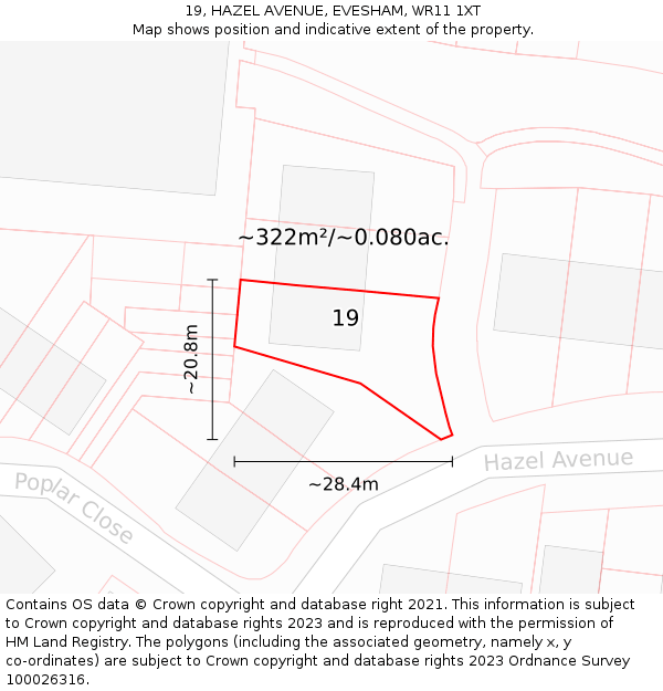 19, HAZEL AVENUE, EVESHAM, WR11 1XT: Plot and title map
