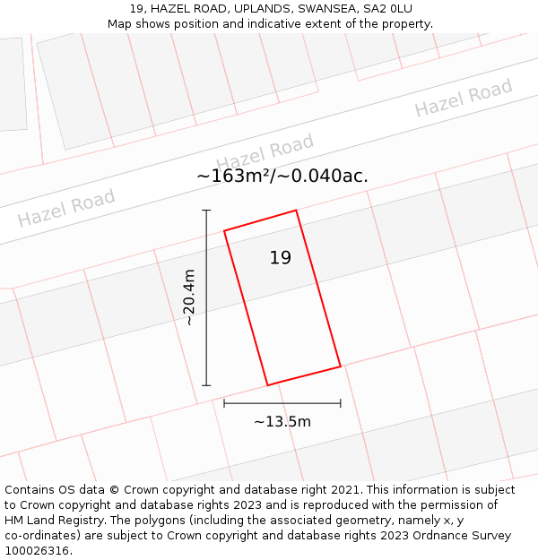 19, HAZEL ROAD, UPLANDS, SWANSEA, SA2 0LU: Plot and title map