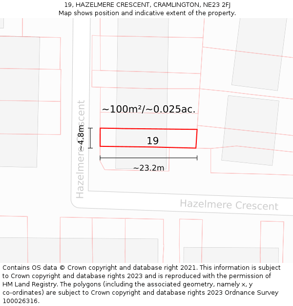 19, HAZELMERE CRESCENT, CRAMLINGTON, NE23 2FJ: Plot and title map