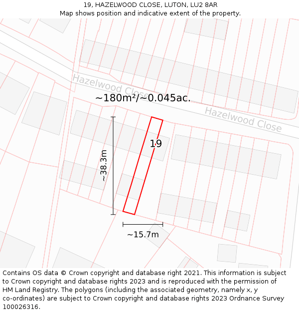 19, HAZELWOOD CLOSE, LUTON, LU2 8AR: Plot and title map
