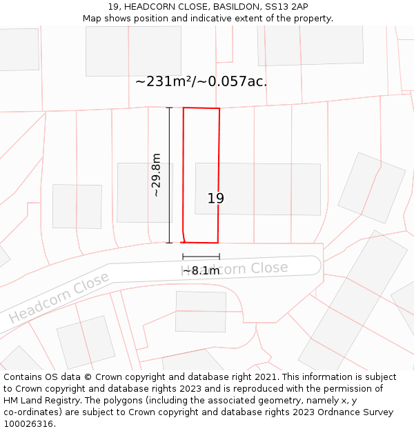 19, HEADCORN CLOSE, BASILDON, SS13 2AP: Plot and title map