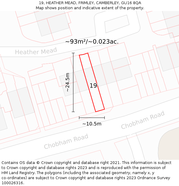 19, HEATHER MEAD, FRIMLEY, CAMBERLEY, GU16 8QA: Plot and title map