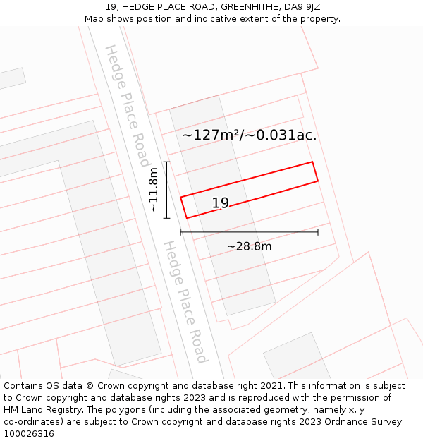 19, HEDGE PLACE ROAD, GREENHITHE, DA9 9JZ: Plot and title map