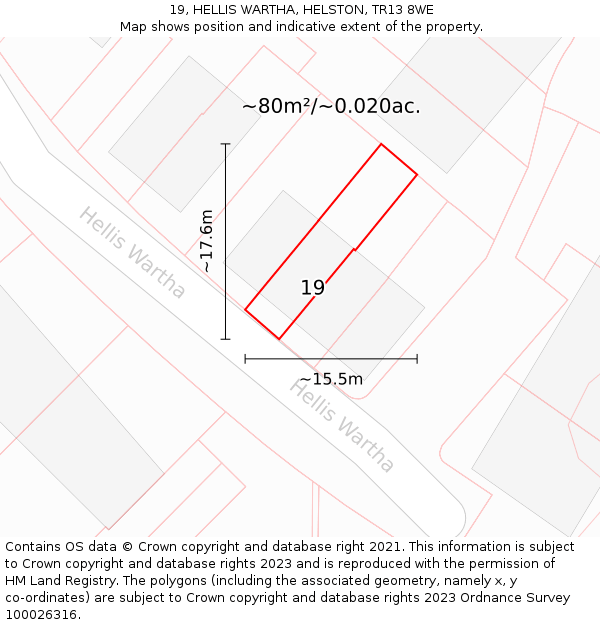 19, HELLIS WARTHA, HELSTON, TR13 8WE: Plot and title map