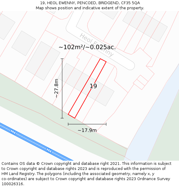 19, HEOL EWENNY, PENCOED, BRIDGEND, CF35 5QA: Plot and title map