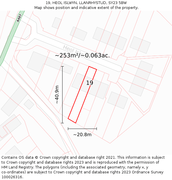 19, HEOL ISLWYN, LLANRHYSTUD, SY23 5BW: Plot and title map