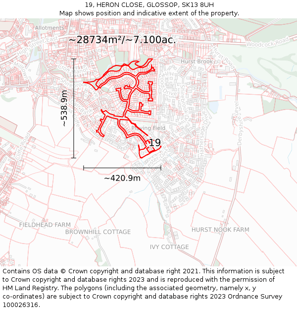 19, HERON CLOSE, GLOSSOP, SK13 8UH: Plot and title map