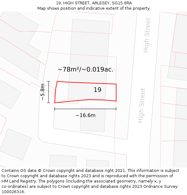19, HIGH STREET, ARLESEY, SG15 6RA: Plot and title map