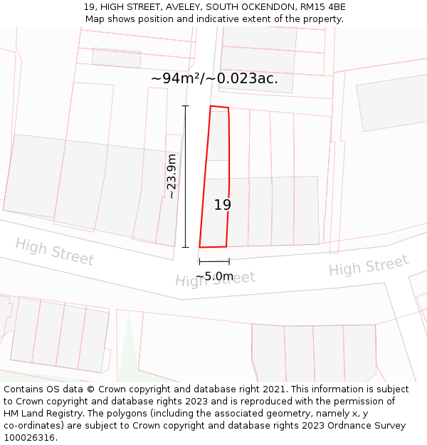 19, HIGH STREET, AVELEY, SOUTH OCKENDON, RM15 4BE: Plot and title map