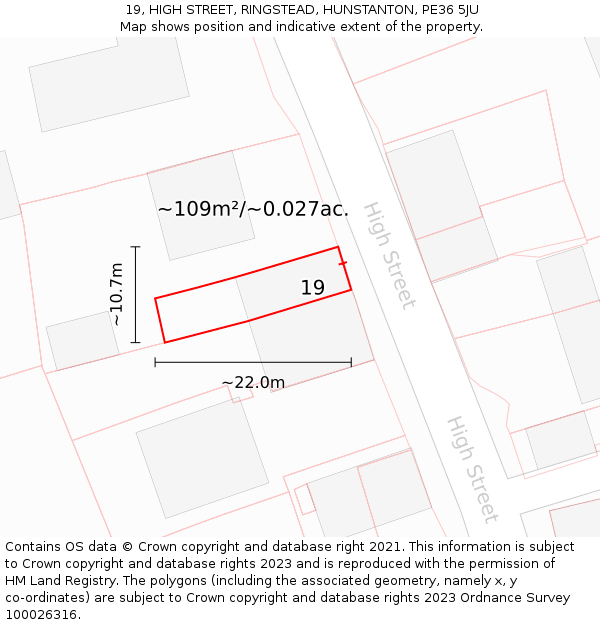 19, HIGH STREET, RINGSTEAD, HUNSTANTON, PE36 5JU: Plot and title map