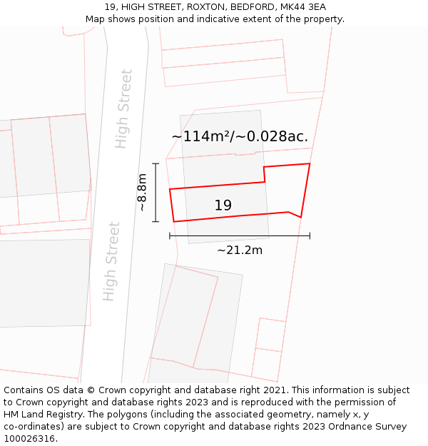 19, HIGH STREET, ROXTON, BEDFORD, MK44 3EA: Plot and title map