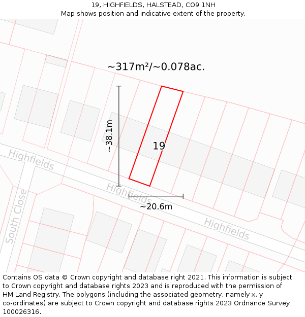 19, HIGHFIELDS, HALSTEAD, CO9 1NH: Plot and title map