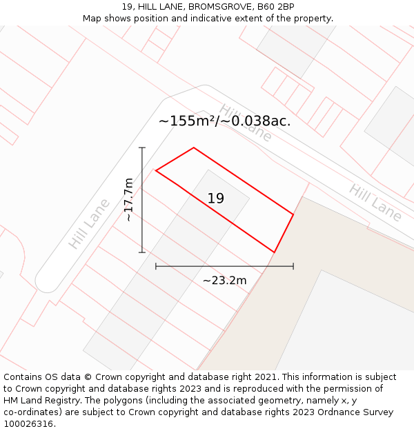 19, HILL LANE, BROMSGROVE, B60 2BP: Plot and title map