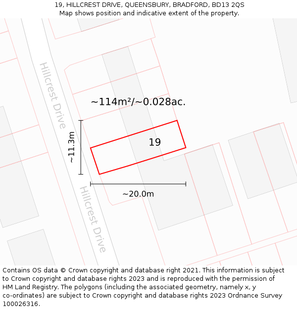 19, HILLCREST DRIVE, QUEENSBURY, BRADFORD, BD13 2QS: Plot and title map