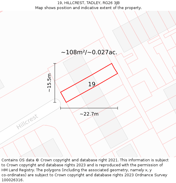 19, HILLCREST, TADLEY, RG26 3JB: Plot and title map
