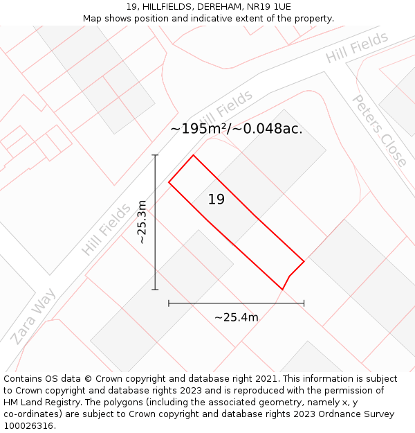 19, HILLFIELDS, DEREHAM, NR19 1UE: Plot and title map