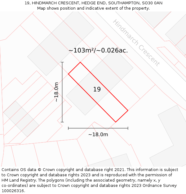 19, HINDMARCH CRESCENT, HEDGE END, SOUTHAMPTON, SO30 0AN: Plot and title map