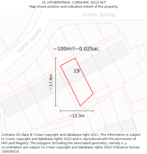 19, HITHERSPRING, CORSHAM, SN13 9UT: Plot and title map