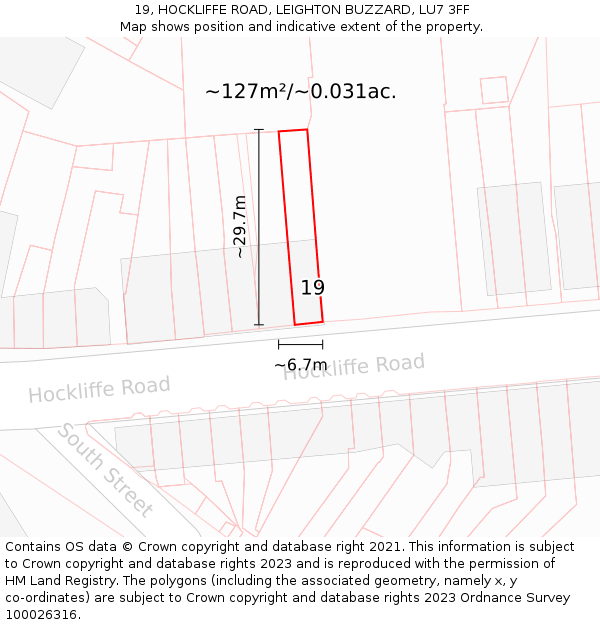19, HOCKLIFFE ROAD, LEIGHTON BUZZARD, LU7 3FF: Plot and title map