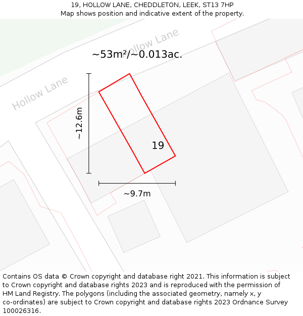 19, HOLLOW LANE, CHEDDLETON, LEEK, ST13 7HP: Plot and title map