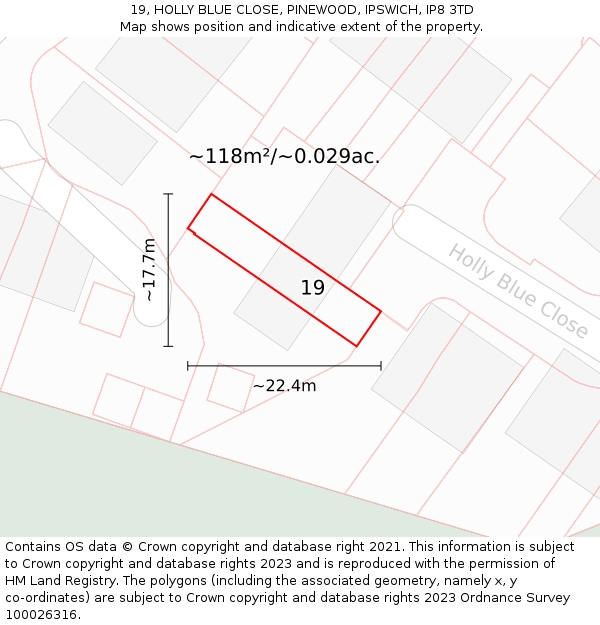19, HOLLY BLUE CLOSE, PINEWOOD, IPSWICH, IP8 3TD: Plot and title map