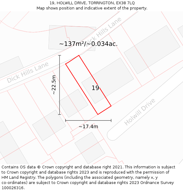 19, HOLWILL DRIVE, TORRINGTON, EX38 7LQ: Plot and title map