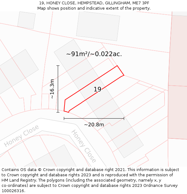 19, HONEY CLOSE, HEMPSTEAD, GILLINGHAM, ME7 3PF: Plot and title map