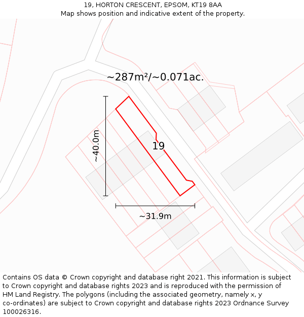 19, HORTON CRESCENT, EPSOM, KT19 8AA: Plot and title map
