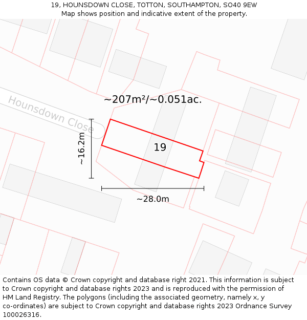 19, HOUNSDOWN CLOSE, TOTTON, SOUTHAMPTON, SO40 9EW: Plot and title map