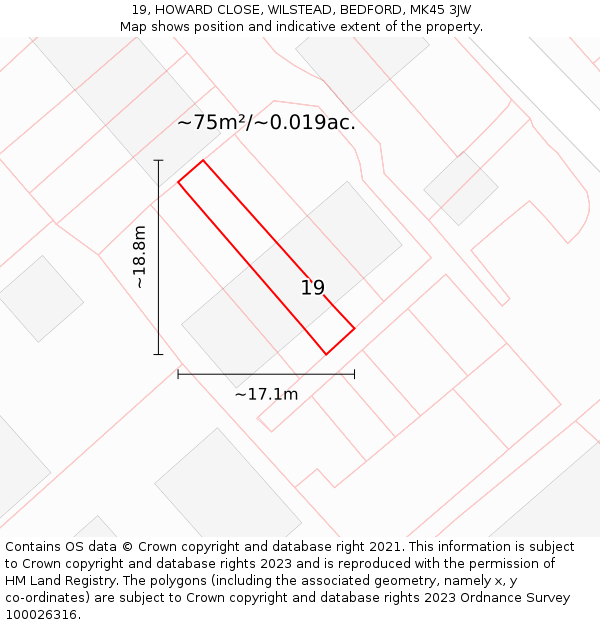 19, HOWARD CLOSE, WILSTEAD, BEDFORD, MK45 3JW: Plot and title map