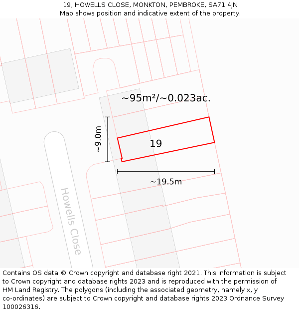 19, HOWELLS CLOSE, MONKTON, PEMBROKE, SA71 4JN: Plot and title map