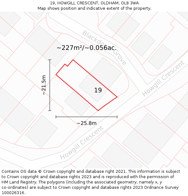 19, HOWGILL CRESCENT, OLDHAM, OL8 3WA: Plot and title map
