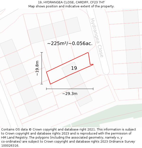 19, HYDRANGEA CLOSE, CARDIFF, CF23 7HT: Plot and title map