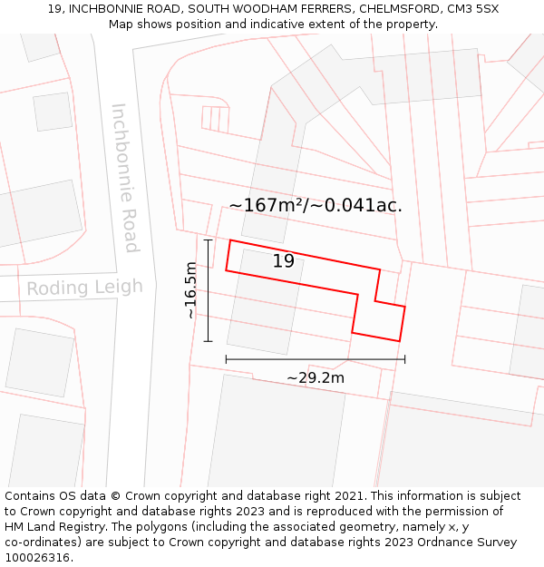 19, INCHBONNIE ROAD, SOUTH WOODHAM FERRERS, CHELMSFORD, CM3 5SX: Plot and title map