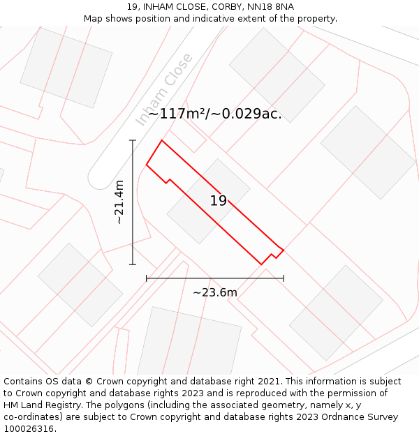 19, INHAM CLOSE, CORBY, NN18 8NA: Plot and title map