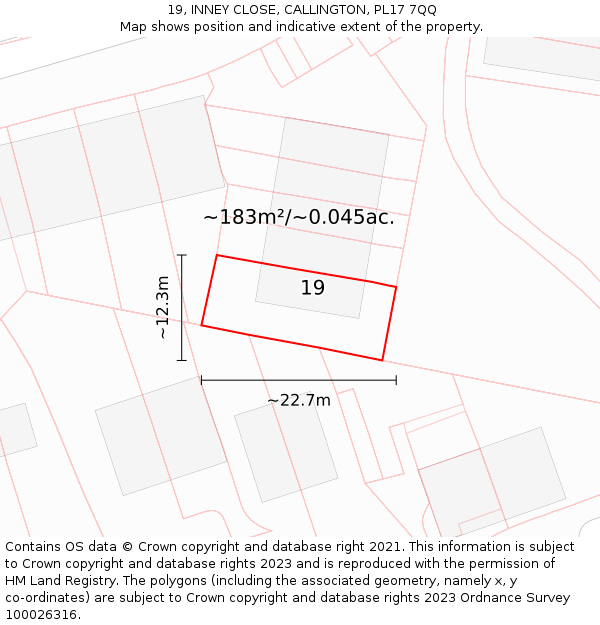 19, INNEY CLOSE, CALLINGTON, PL17 7QQ: Plot and title map
