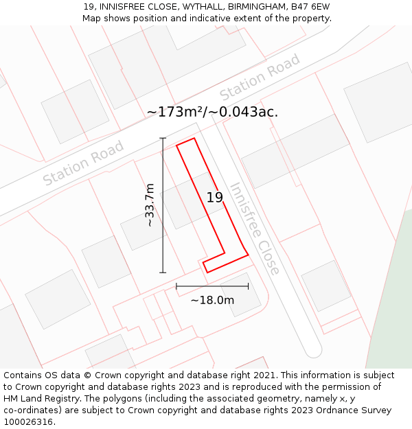 19, INNISFREE CLOSE, WYTHALL, BIRMINGHAM, B47 6EW: Plot and title map