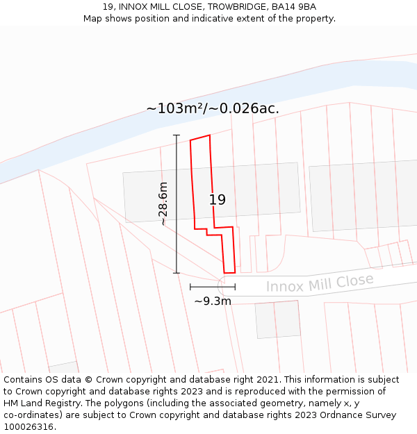 19, INNOX MILL CLOSE, TROWBRIDGE, BA14 9BA: Plot and title map