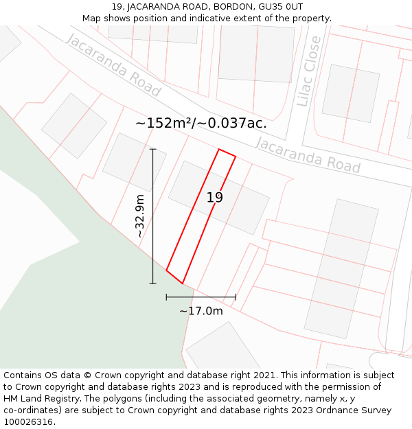 19, JACARANDA ROAD, BORDON, GU35 0UT: Plot and title map