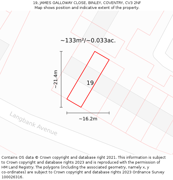 19, JAMES GALLOWAY CLOSE, BINLEY, COVENTRY, CV3 2NF: Plot and title map