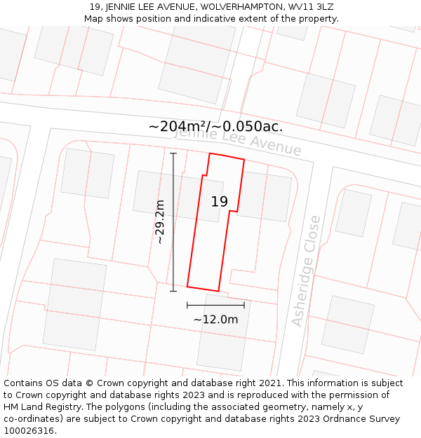 19, JENNIE LEE AVENUE, WOLVERHAMPTON, WV11 3LZ: Plot and title map