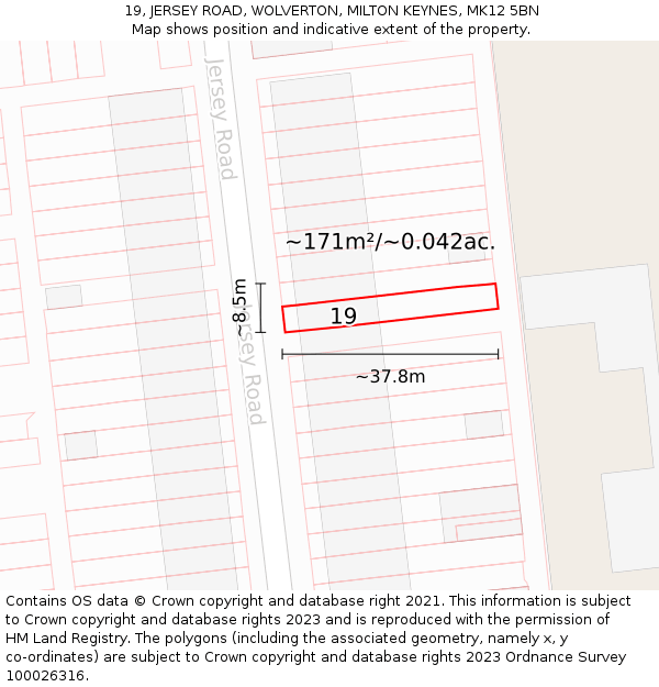 19, JERSEY ROAD, WOLVERTON, MILTON KEYNES, MK12 5BN: Plot and title map