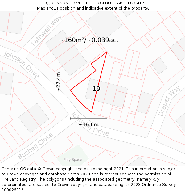 19, JOHNSON DRIVE, LEIGHTON BUZZARD, LU7 4TP: Plot and title map