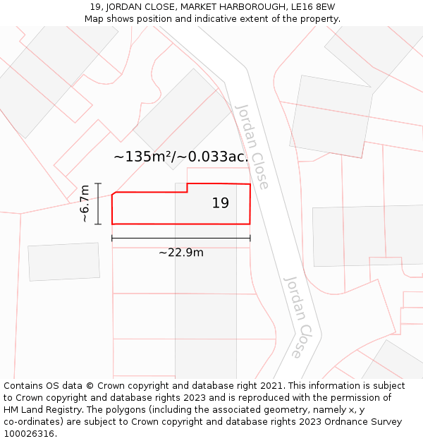 19, JORDAN CLOSE, MARKET HARBOROUGH, LE16 8EW: Plot and title map