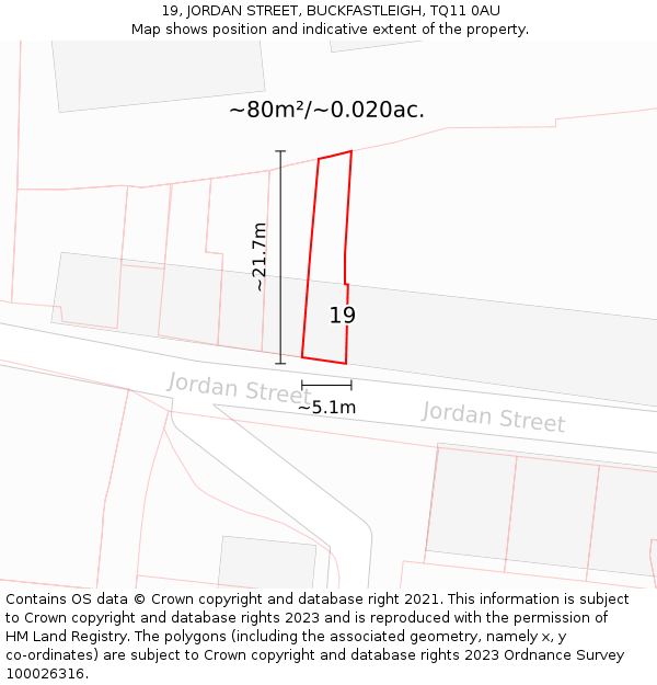 19, JORDAN STREET, BUCKFASTLEIGH, TQ11 0AU: Plot and title map
