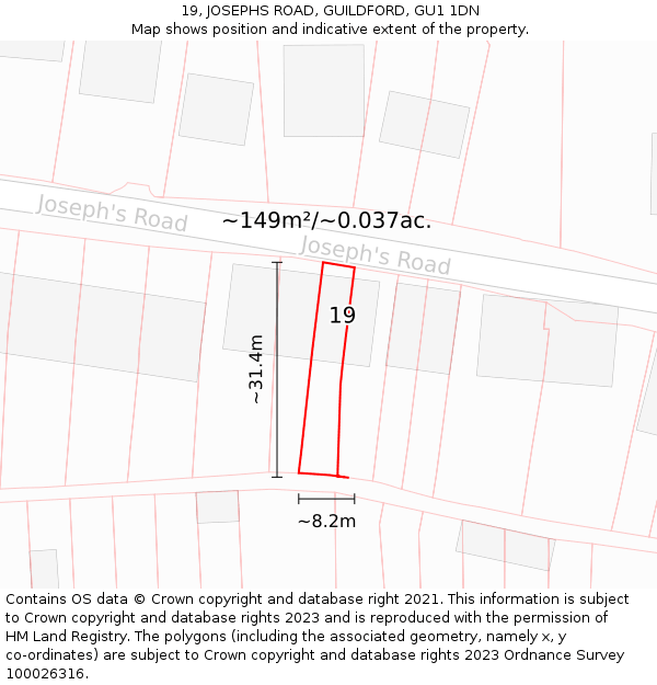 19, JOSEPHS ROAD, GUILDFORD, GU1 1DN: Plot and title map