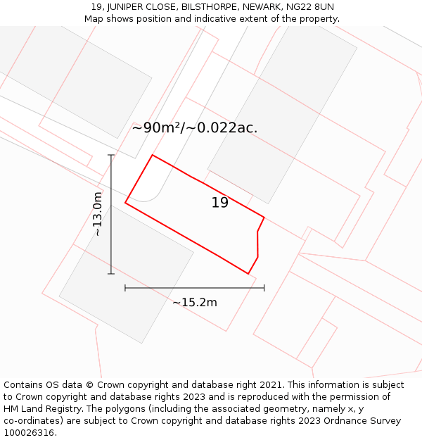 19, JUNIPER CLOSE, BILSTHORPE, NEWARK, NG22 8UN: Plot and title map
